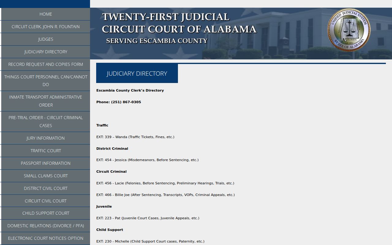 Escambia County Circuit Clerk division directory