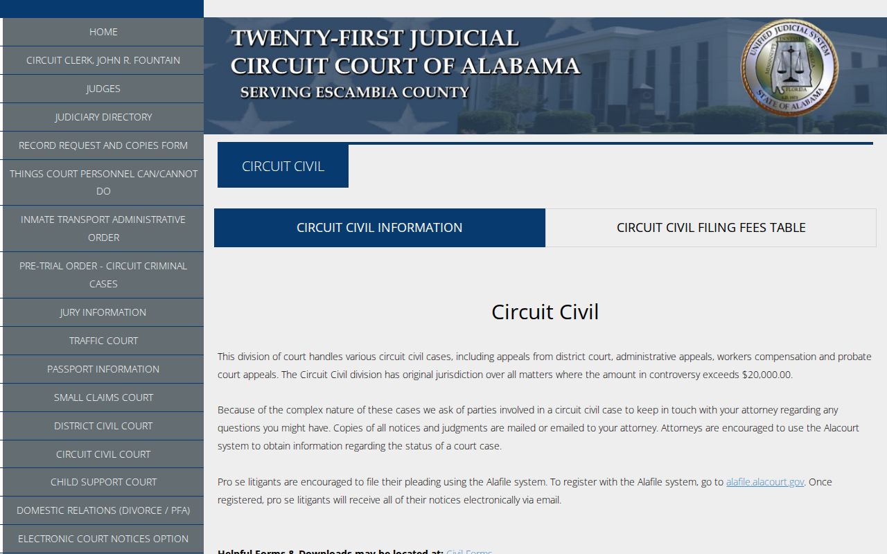 Escambia County court records circuit civil court page