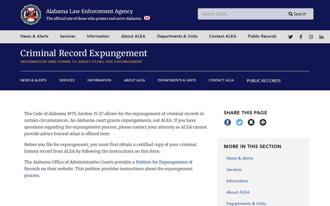 Escambia County criminal court records ALEA expungement page