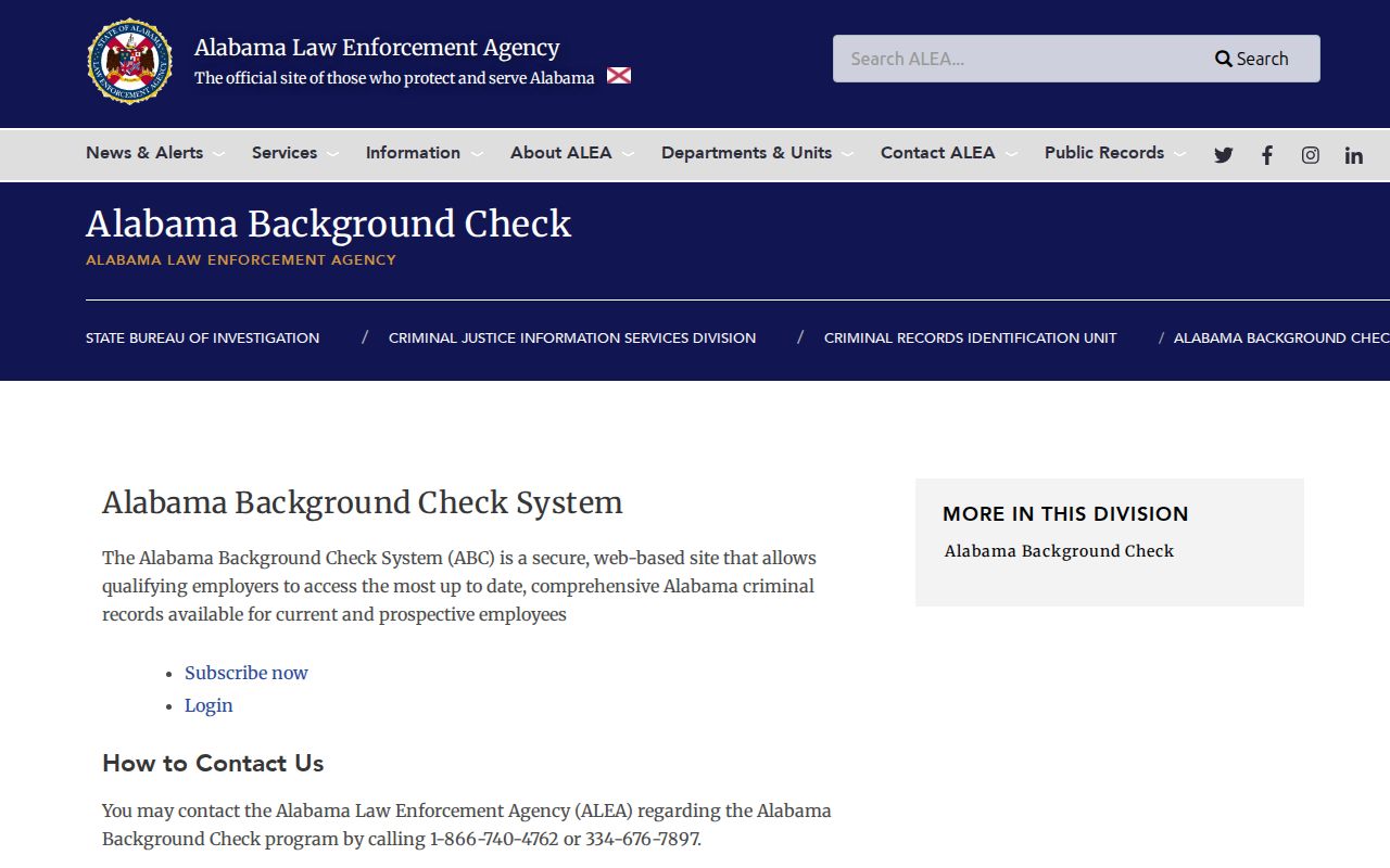 Escambia County criminal court records ALEA background check page