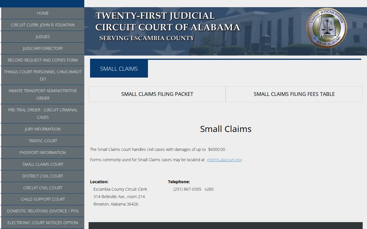 Escambia County Circuit Court small claims lower court records