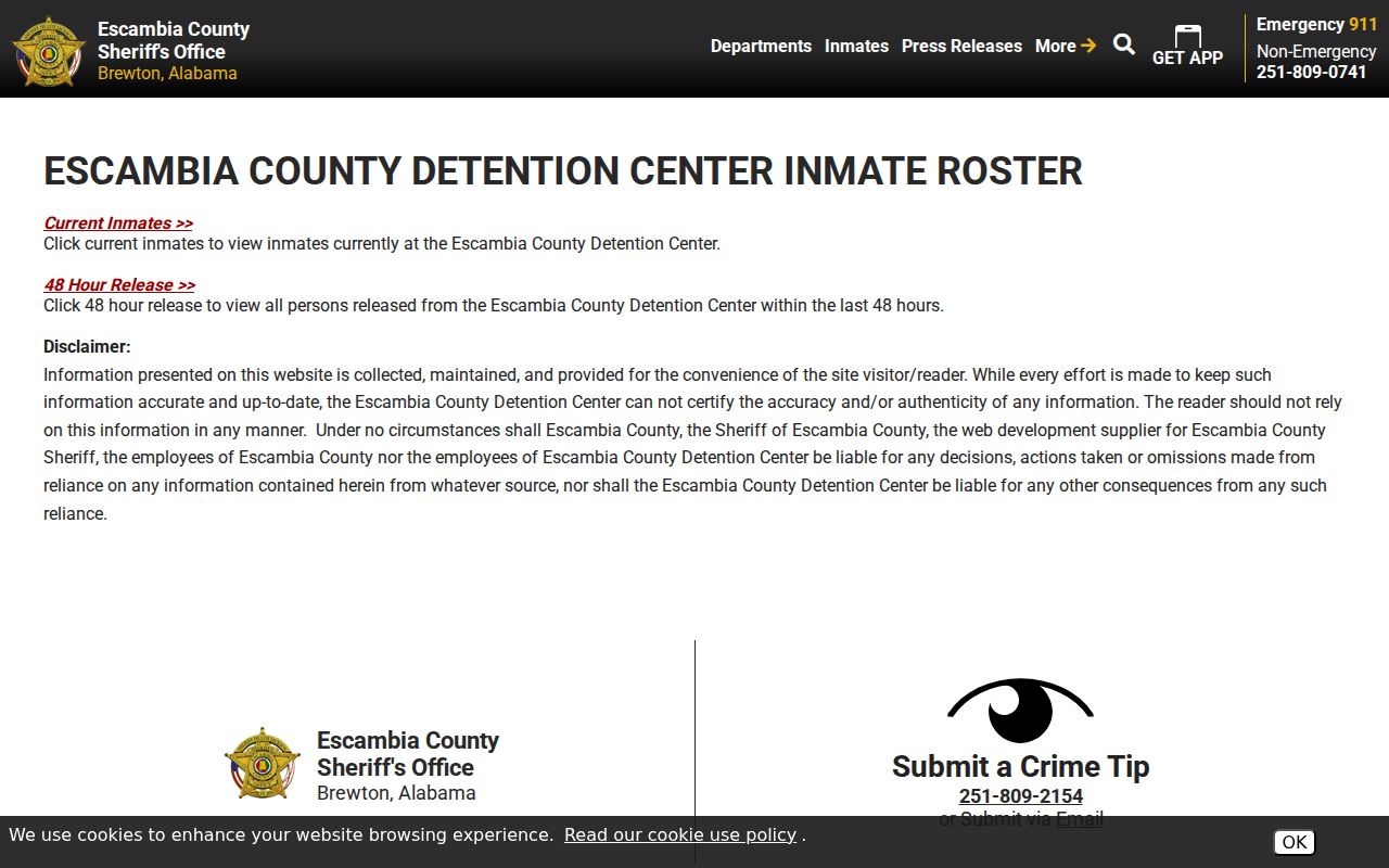 Escambia County inmate records roster chooser with current inmates and releases