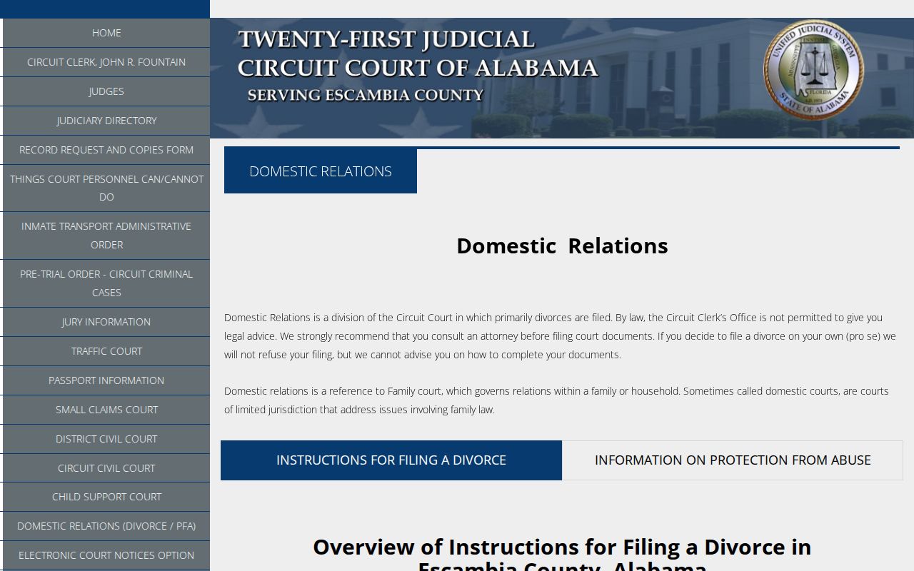 Escambia County divorce records domestic relations instructions