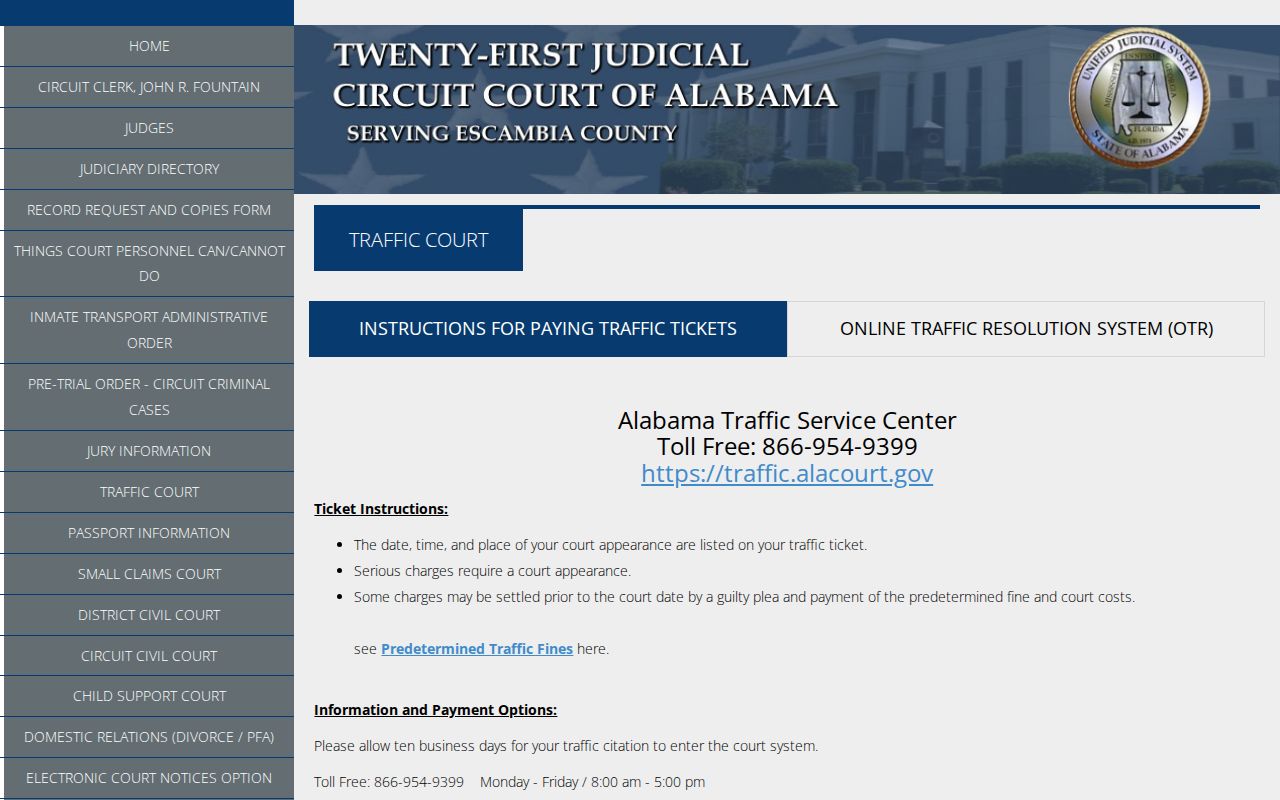 Escambia County traffic court records local traffic court page