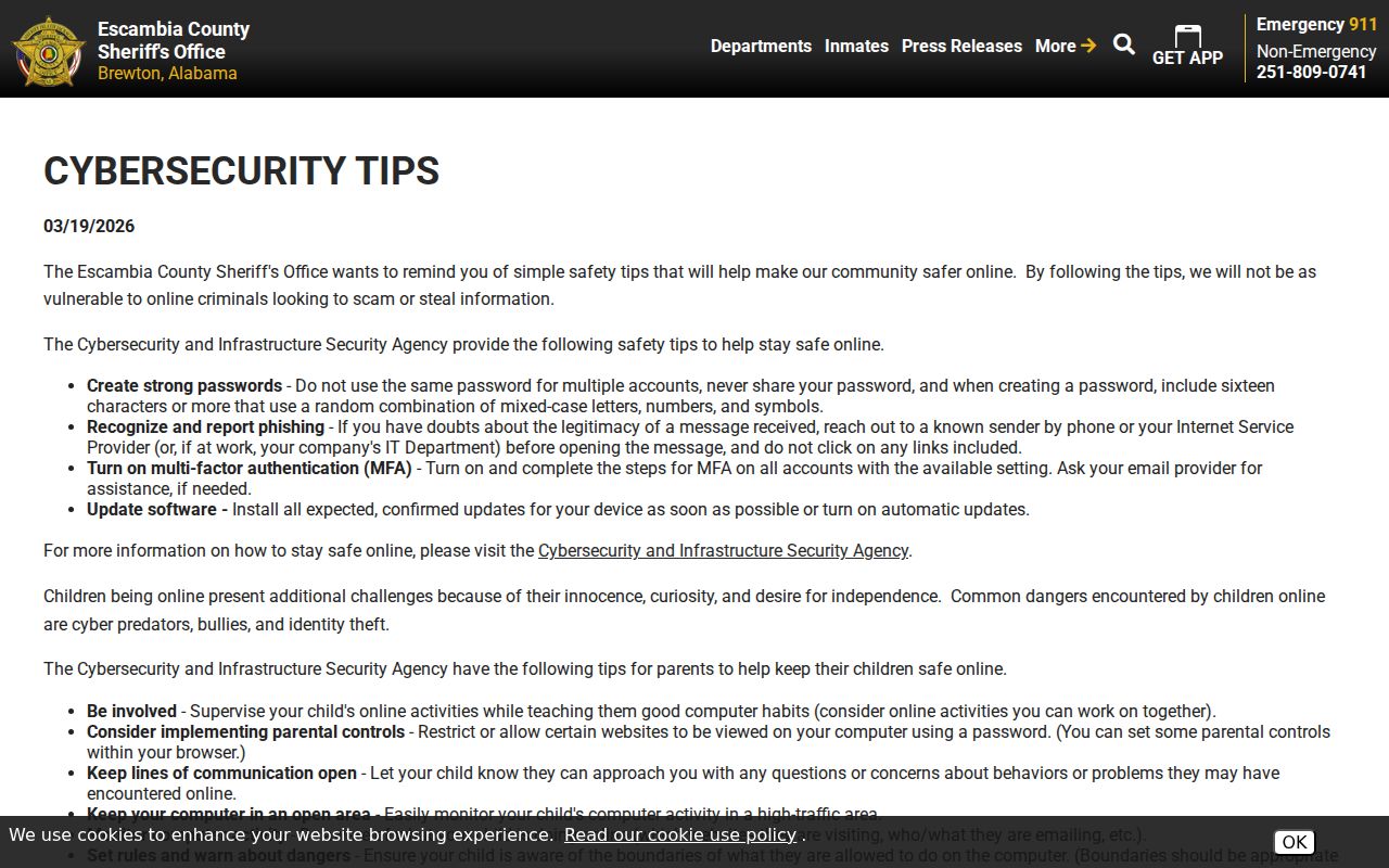 Escambia County warrant records sheriff cybersecurity press release